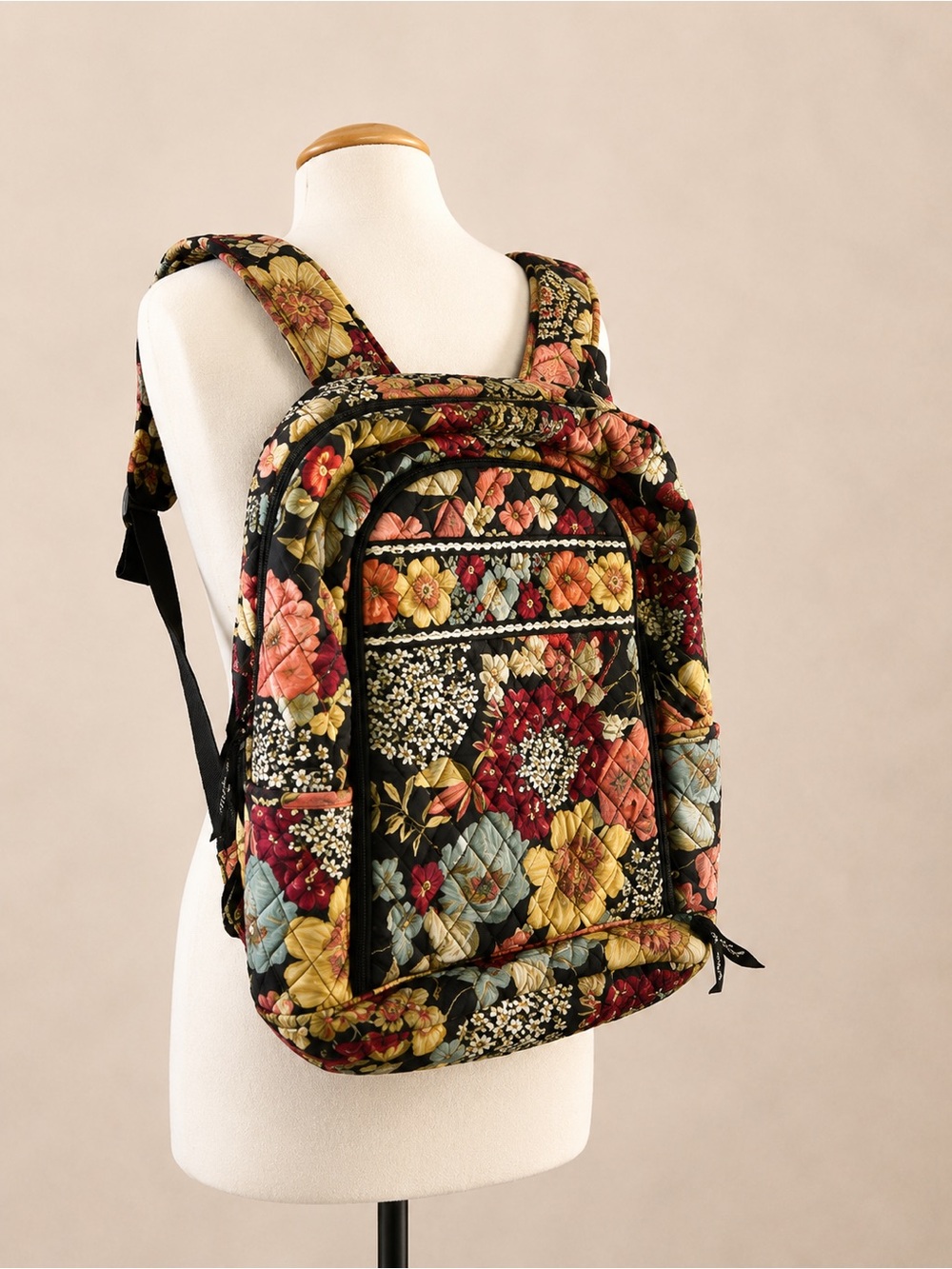 Vera Bradley Black Quilted Floral Backpack with Multicolor Blooms